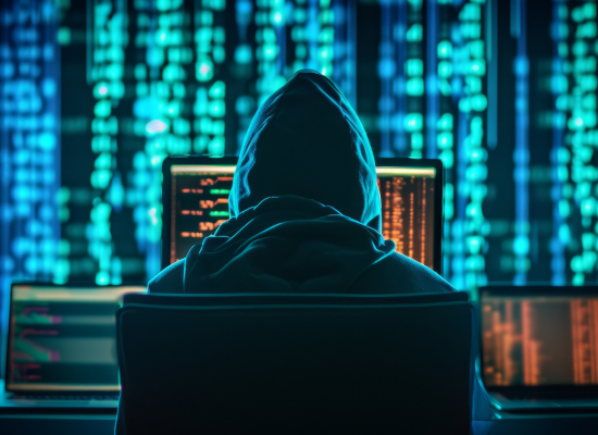 Silhouette of a hooded computer hacker behind multiple displays and digital information - squared off.