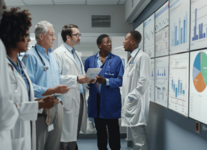 Physicians meet in a board room to discuss expanding their practice while reviewing graphs with business data.