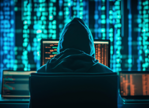 Silhouette of a hooded computer hacker behind multiple displays and digital information.