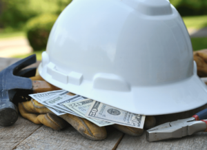 A hardhat sits on top of cash money and construction tools with an outdoor background.