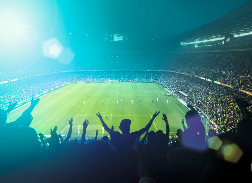 Crowd cheering at a stadium.