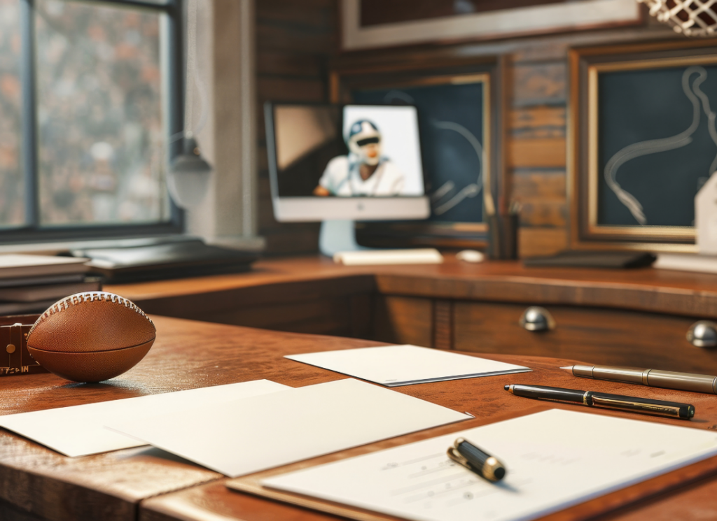 A football, pens, and documents lying on a desk in a university athletics business office.