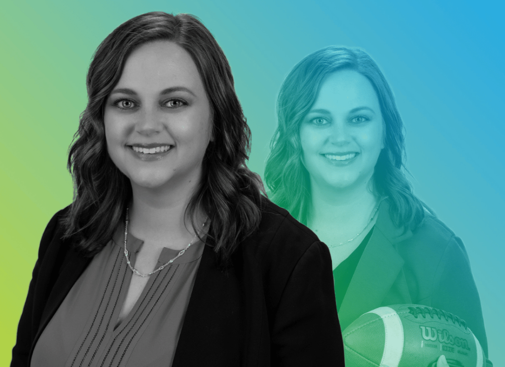 Professional headshot of Katie Davis with blue to green gradient overlay.