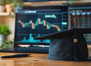 A Laptop computer, graduation cap and a pen on a desk in a university financial reporting office.