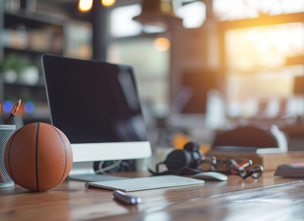 An office desk with a computer, basketball, and headphones, symbolizing the intersection of sports and reporting for NCAA and EADA compliance.