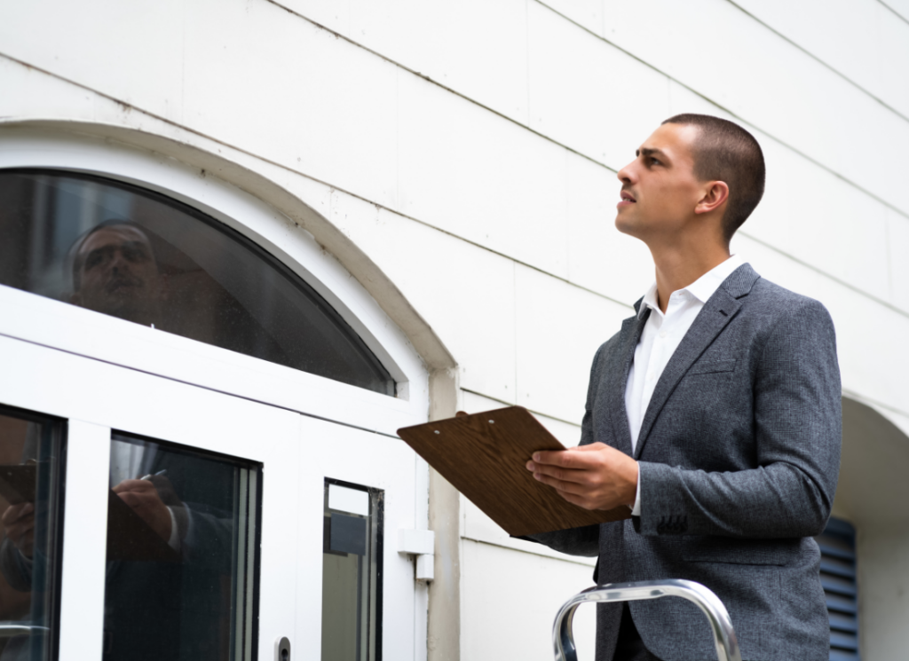 A real estate investor stand outside of a building holding a clipboard and taking notes.