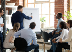 A college athletic department team are gathered around a flip chart presentation, representing discussions on revenue generation strategies in college athletics.