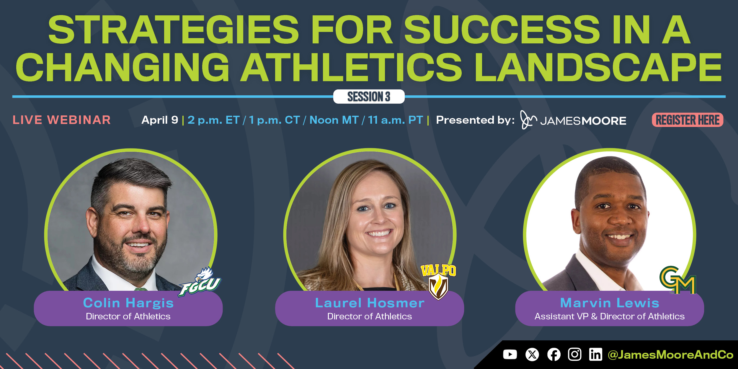 Promotional graphic for the April 2025 webinar 'Collegiate Athletics Strategies,' featuring event details and sponsor logos on a blue background.