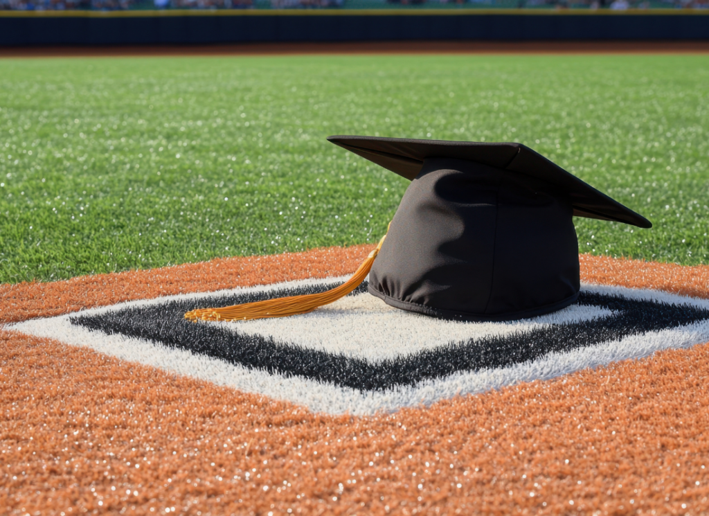 A graduation cap with a gold tassel sits on top of a university logo displayed on a turf field, representing collegiate athletics.