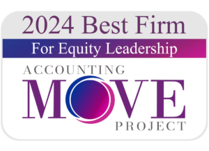 The official logo for Accounting MOVE Project. The logo has pink, blue, and purple imagery and text on the front that says 2024 Best Firm for Equity Leadership.