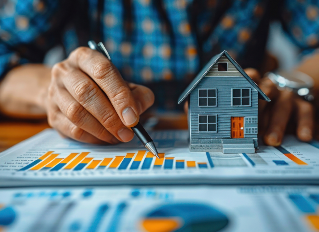 A real estate fund investor examines bar charts with a pen beside a model house, planning for the tax implications of receiving carried interest income.