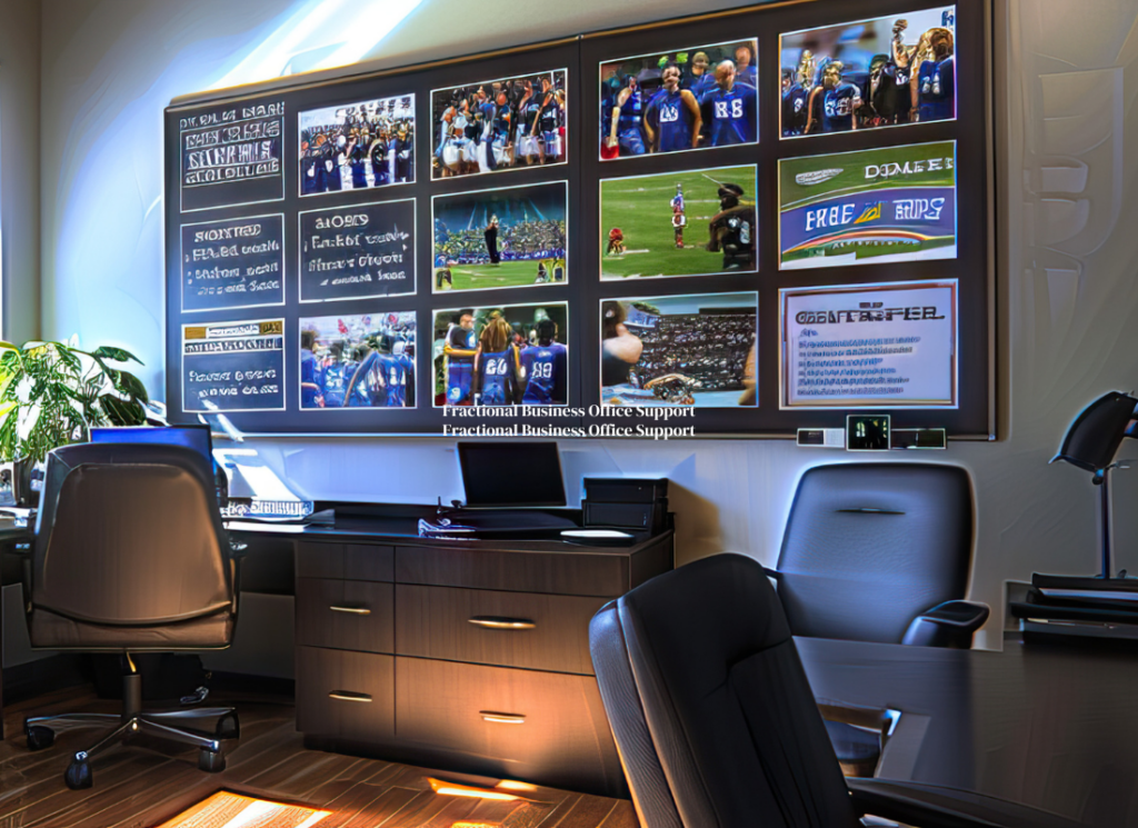 University athletics office with multiple screens displaying sports events, representing fractional business office support.