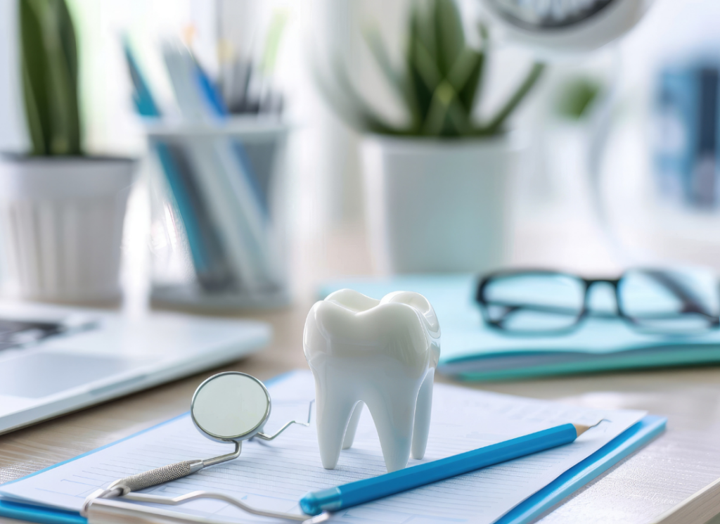 A model of a tooth sits on a desk with dental tools, a pen, and paperwork, symbolizing dental practice management.