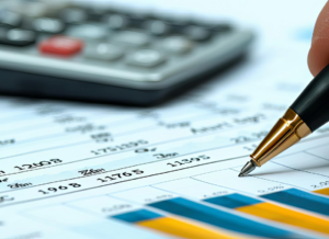 Close-up of financial documents, charts, and a pen, symbolizing nonprofit accounting and bookkeeping.