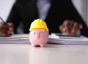 Piggy bank wearing a construction helmet, symbolizing financial planning and tax advice for construction businesses.