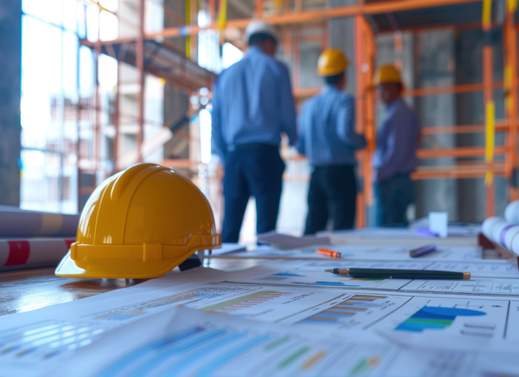 A yellow hard hat placed on a table with construction plans and charts, with workers in the background discussing at a construction job.