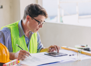 A construction accountant wearing a safety vest focuses on financial documents and a calculator at a worksite desk, symbolizing the challenges in construction accounting record keeping.