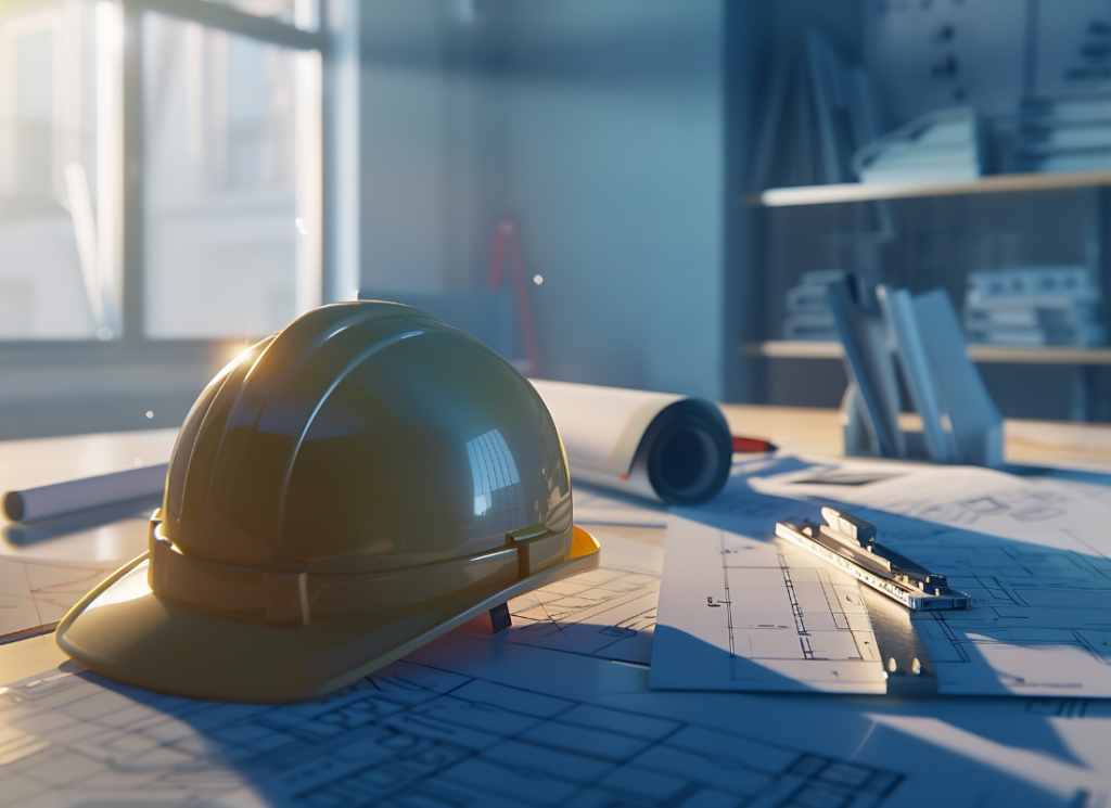 A construction hard hat placed on a desk alongside financial documents, charts, and a calculator, symbolizing the organization required for a construction company's chart of accounts.