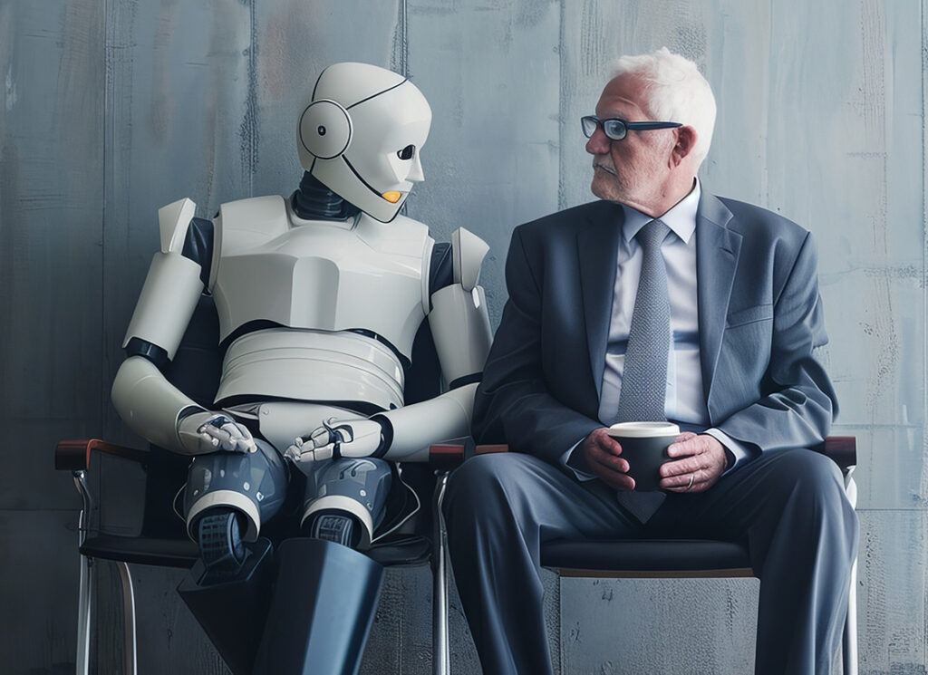 AI in the Workplace: So Much to Learn. AI robot sitting on a chair next to an elderly man with coffee, both waiting for a job interview. AI vs human concept. futuristic technology coexisting with people in a professional environment