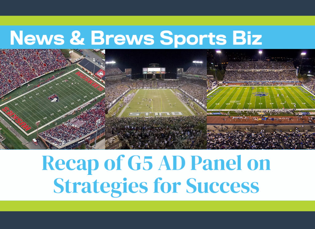 News & Brews Sports Biz podcast graphic for February 2025, featuring the podcast logo and a sports-themed background.