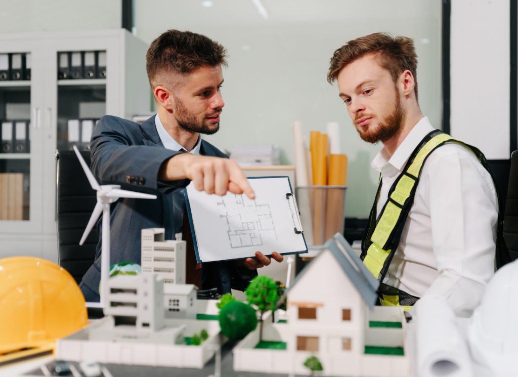 construction professional and a contractor review building plans and a project model, discussing requirements for construction bonding and surety expectations.