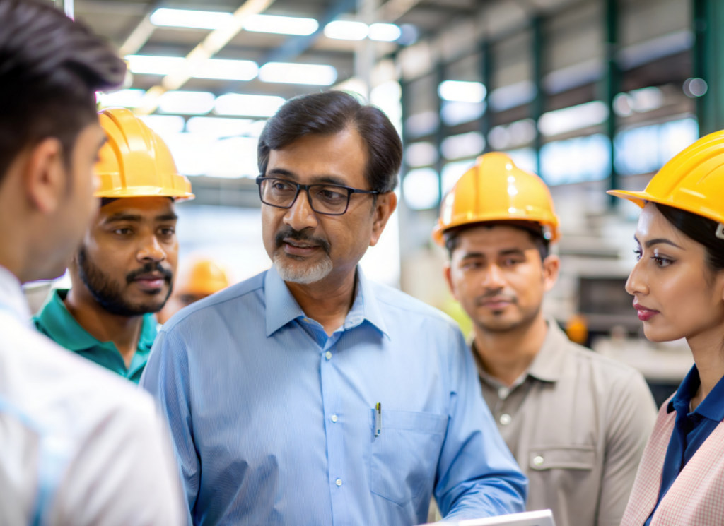 A manufacturing leader discusses strategy with a diverse team of employees wearing safety gear in an industrial setting.