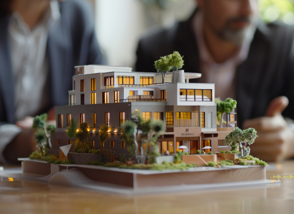 An illuminated architectural model of a modern hotel with investors discussing tax strategies in the background.