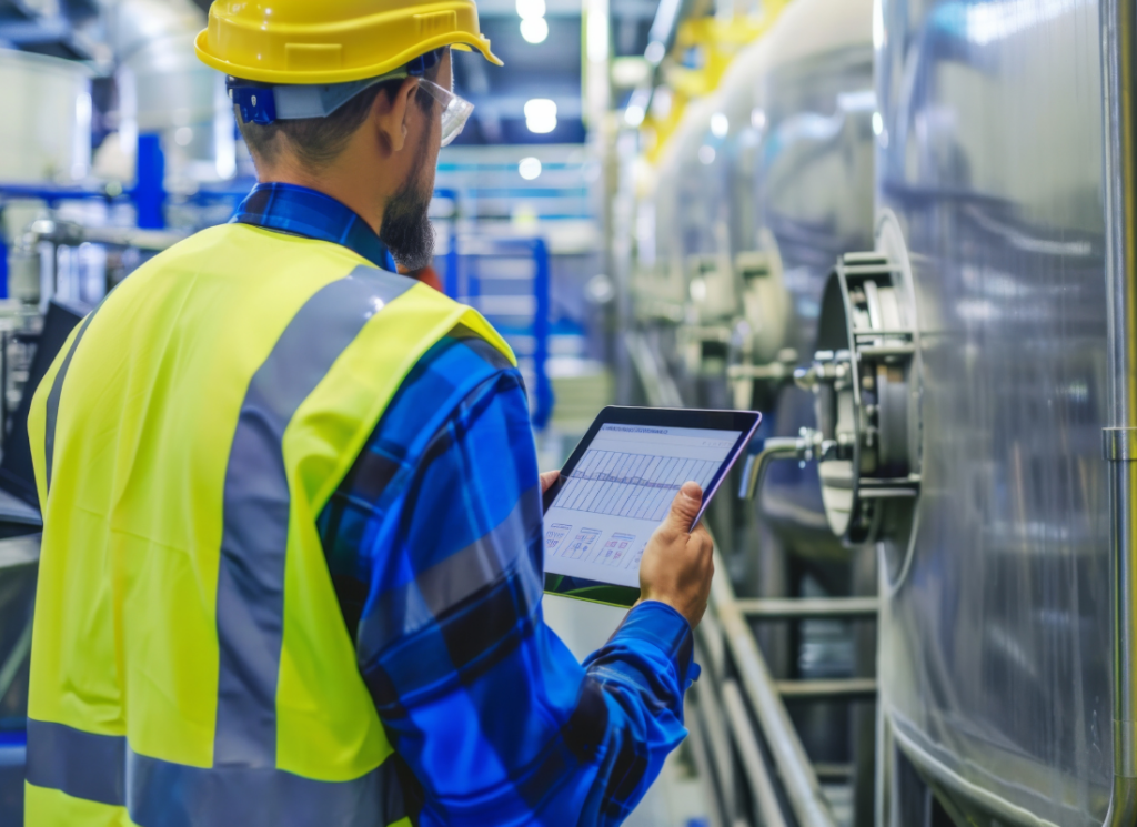 A manufacturing worker in a hard hat and safety vest uses a tablet to monitor industrial equipment, representing operational excellence in manufacturing.