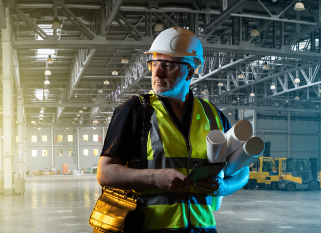 A construction professional in a hard hat and safety vest holds blueprints and a tablet inside a large industrial facility, symbolizing strategic transition planning for construction company owners.