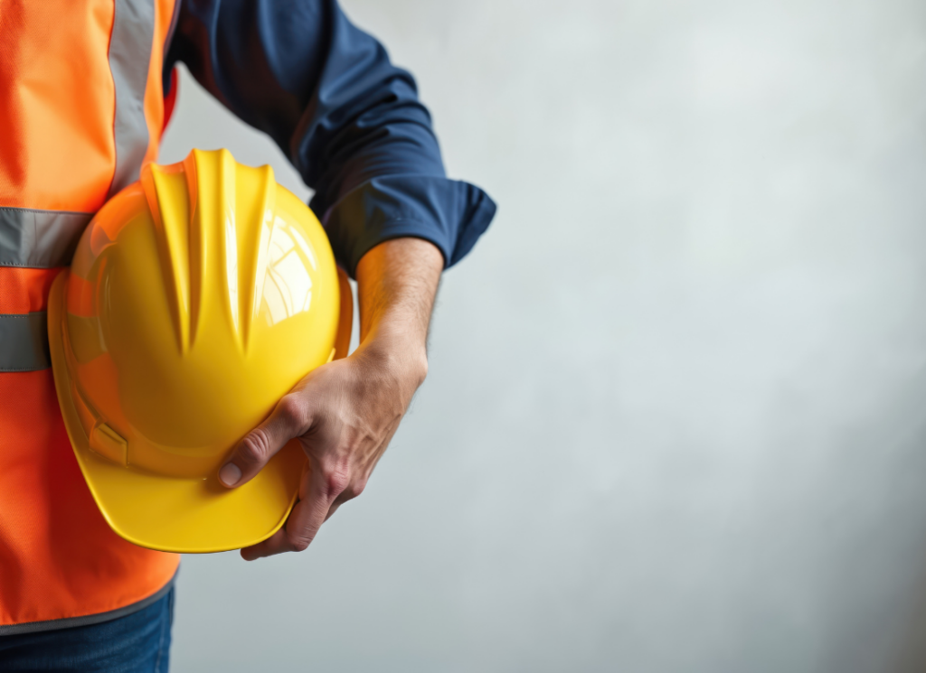 A construction worker wearing an orange safety vest holds a yellow hard hat against a neutral background, symbolizing financial success and support for FDOT contractors.