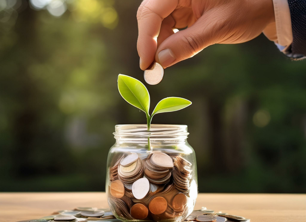 A hand drops a coin into a glass jar filled with money, from which a small green plant is growing, symbolizing growth, financial stewardship, and planned giving in higher education.